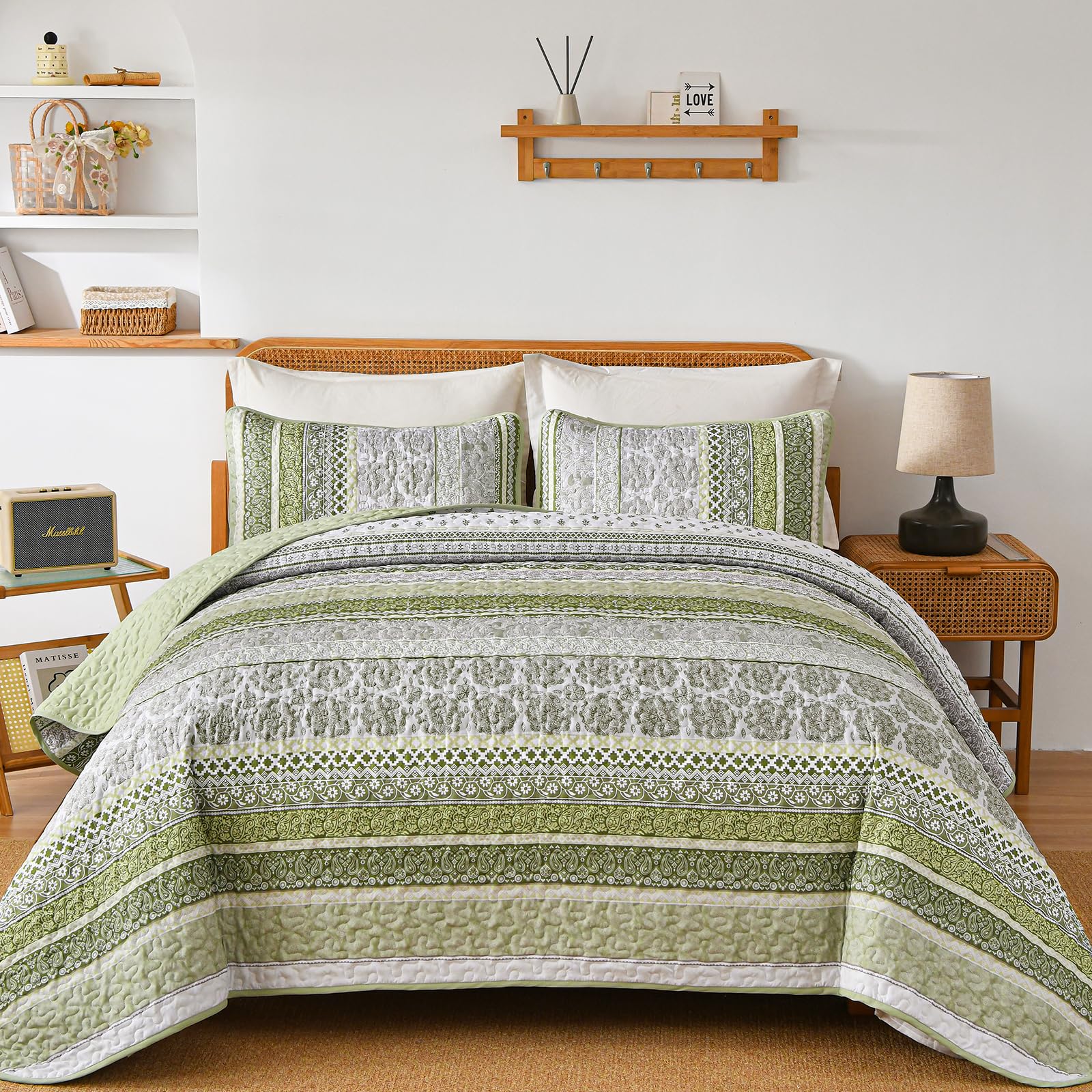 Wongs Bedding Boho Quilt Set Queen Size, Sage Green Bohemian 3 Pieces Quilt Sets, Lightweight Summer Bedspread Coverlet Bedding